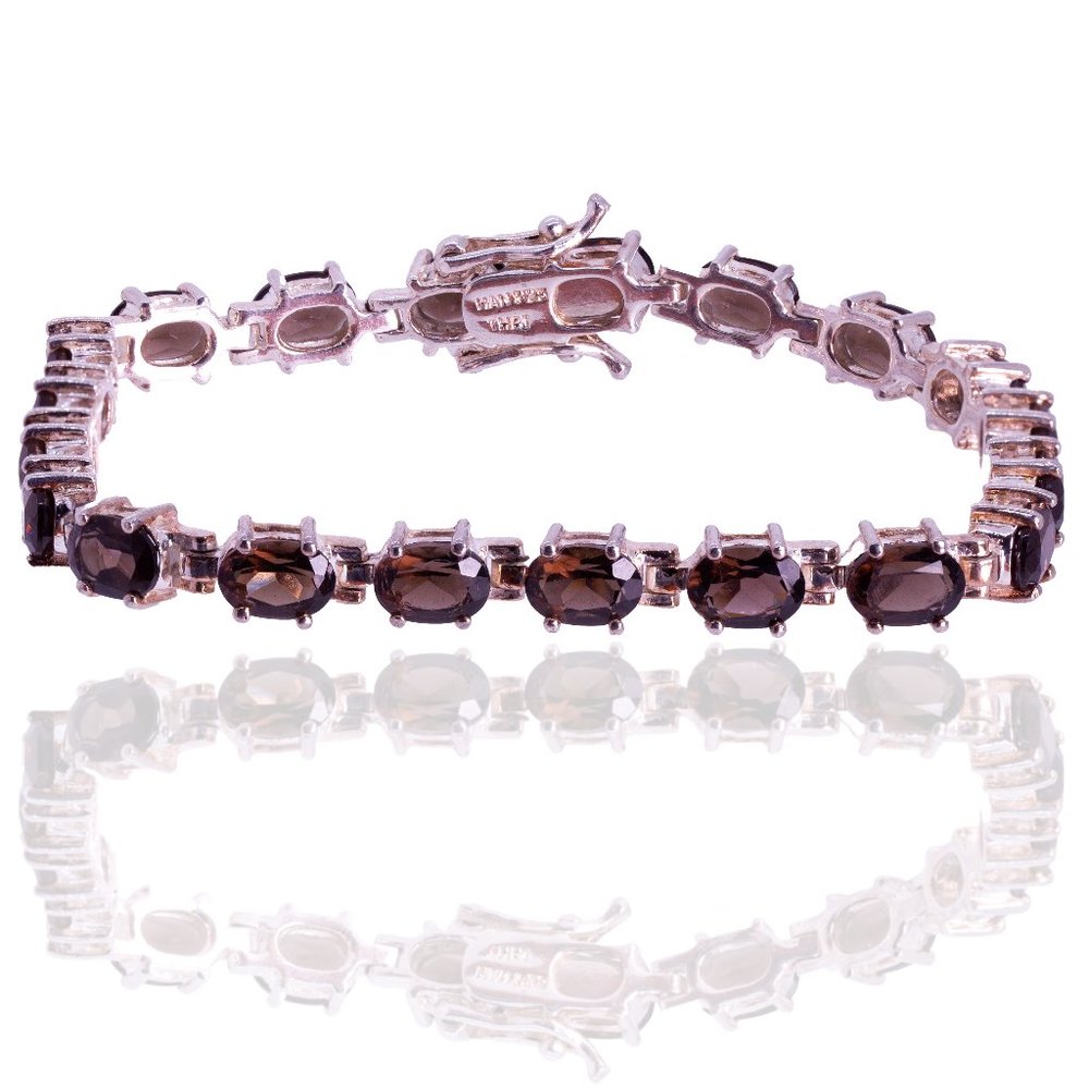 Classic Sterling Silver Oval Cut Smoky Quartz Tennis Line Bracelet, 7.5"